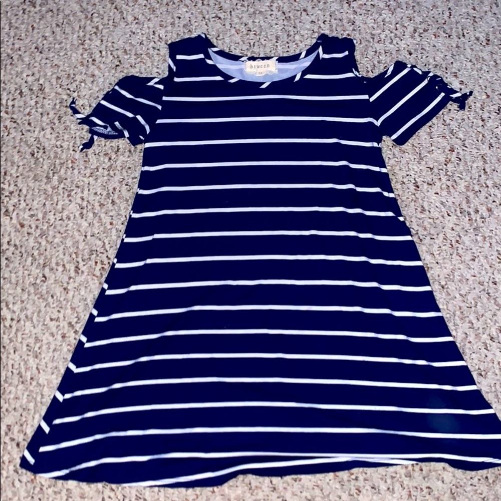 blue dress with white stripes